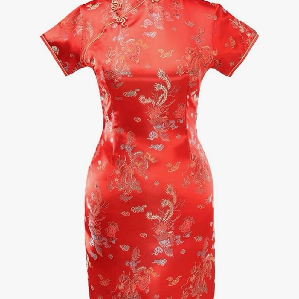 Luxurious Satin Chinese Red Blossom Short Dress Cheongsam